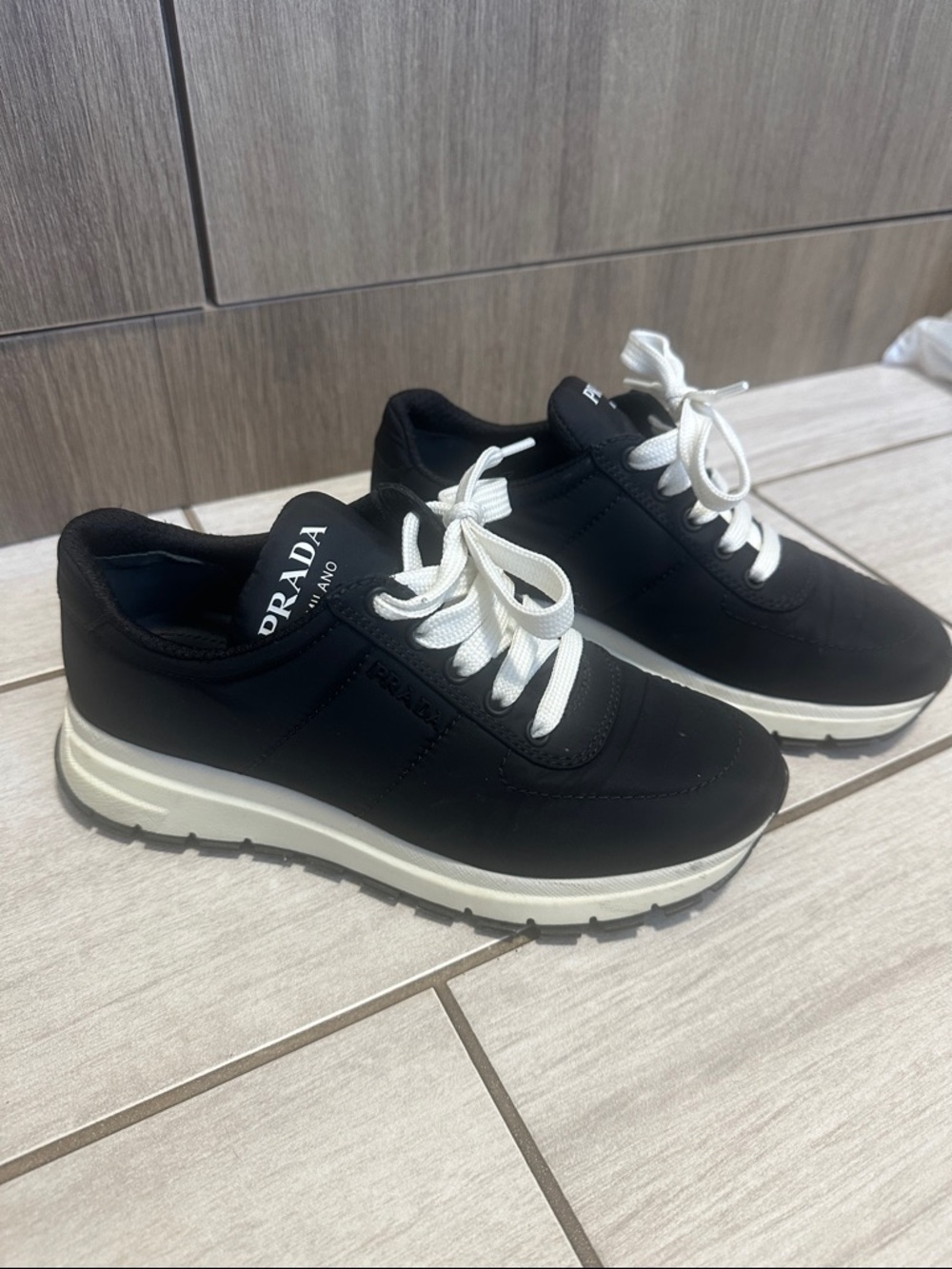 Prada Nylon Black Sneakers with White Laces